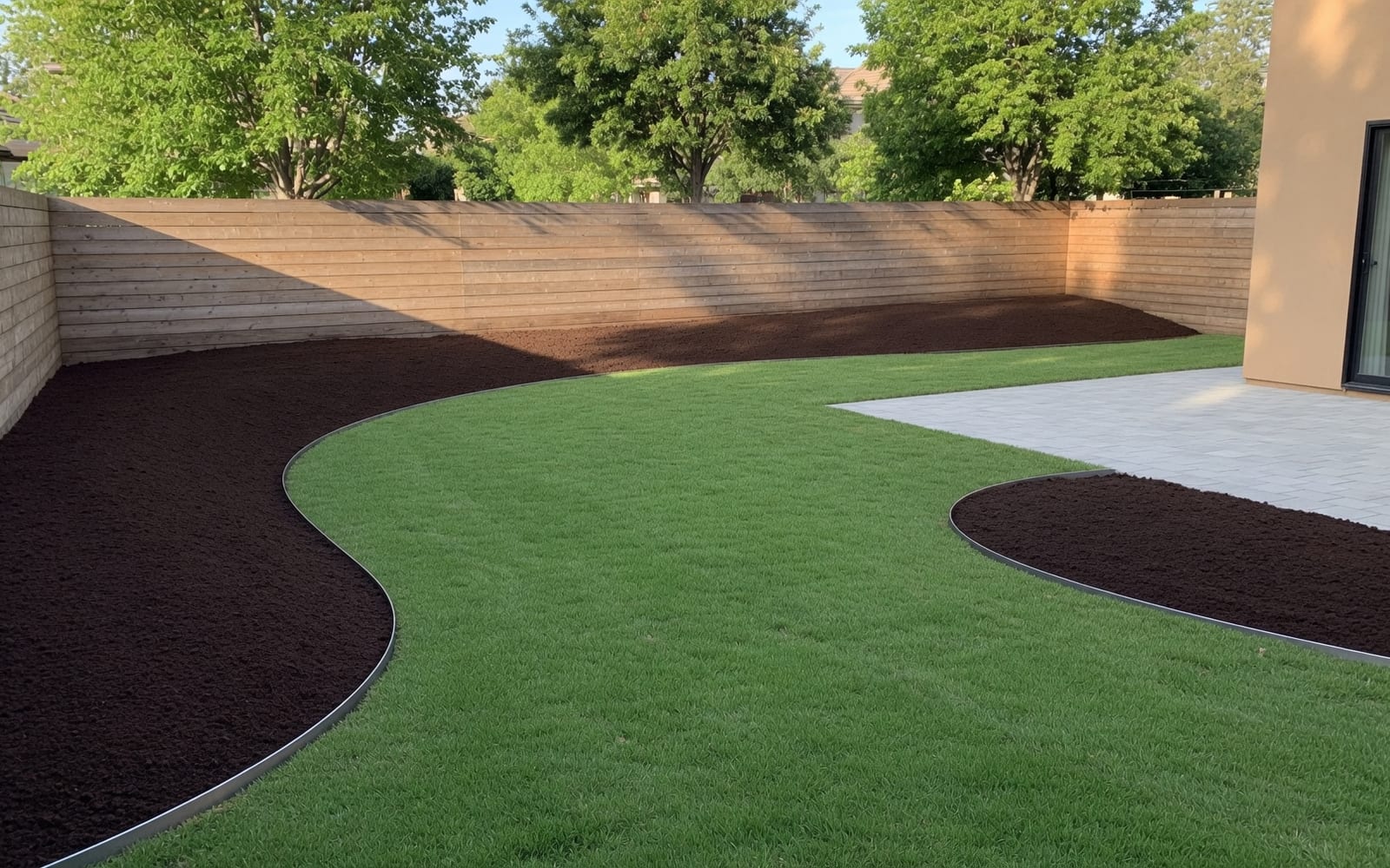 A landscaped backyard with empty planting beds, waiting for plants