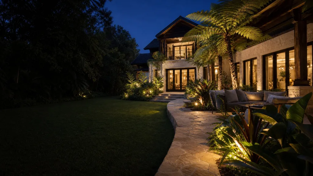 An AI-redesigned yard at dusk, lit and planted